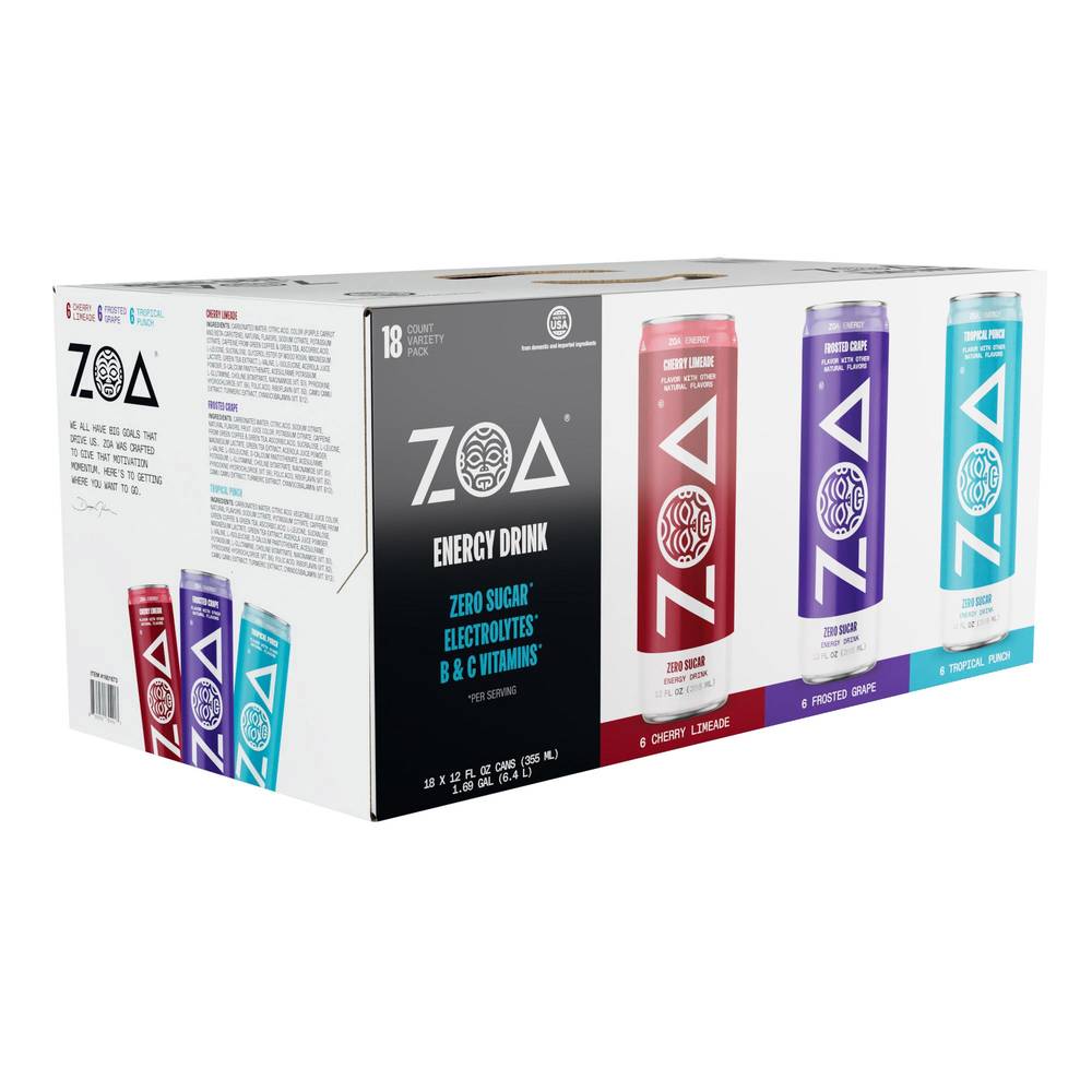 ZOA Zero Sugar Energy Drink, Variety Pack, 12 fl oz, 18-count