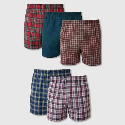 Hanes Tartan Plaid Woven Boxer Shorts, Men, XXL, Red-Brown-Blue (5 ct)