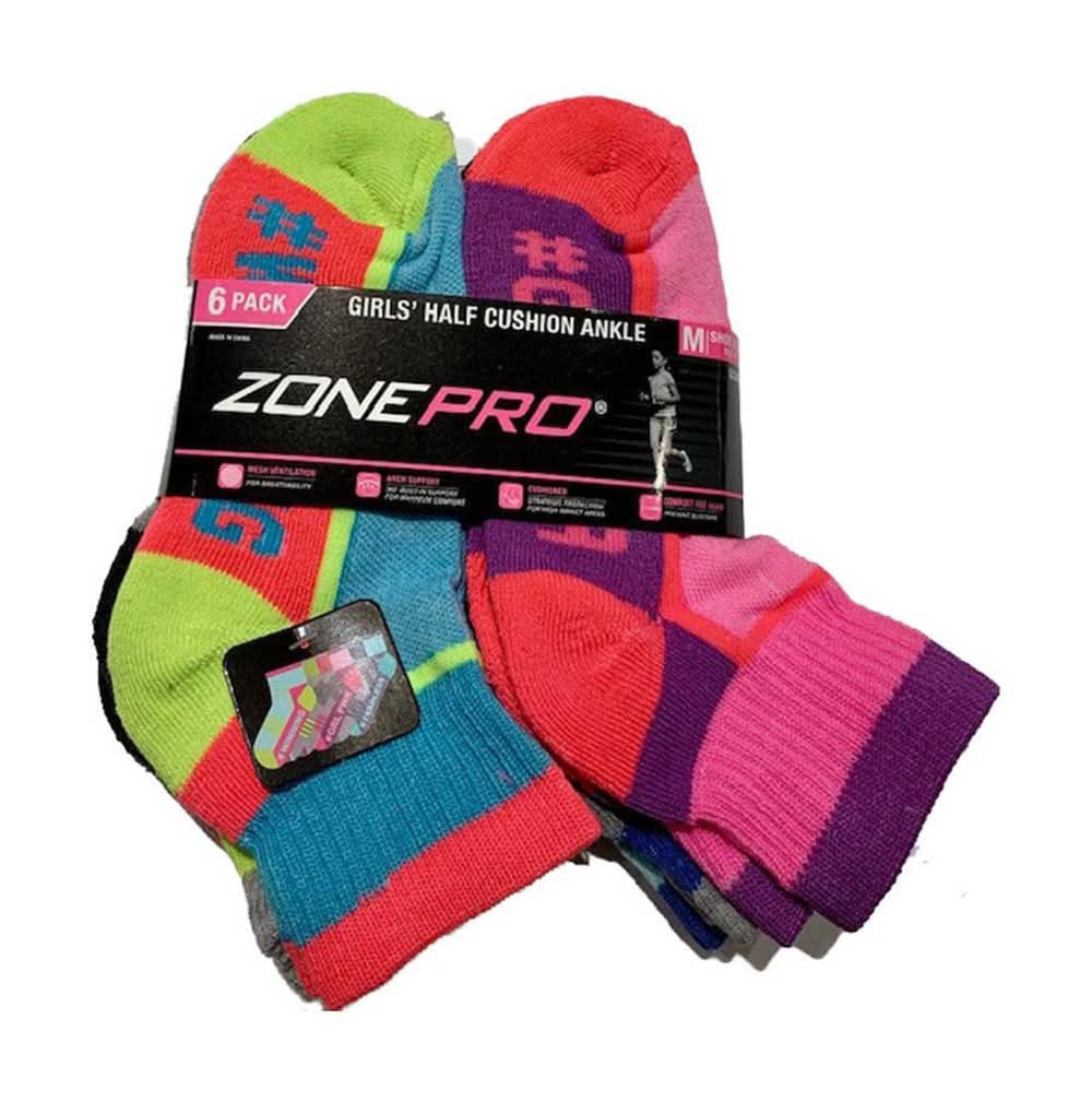 Zone Pro Girl'S Half Cushion Fashion Ankle Medium Size 6 Pack