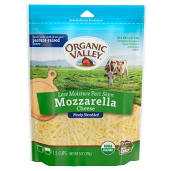 Order Organic Valley Part Skim Mozzarella Finely Shredded Cheese 6oz food online from Everyday Needs by Gopuff store, Ladera Ranch on bringmethat.com