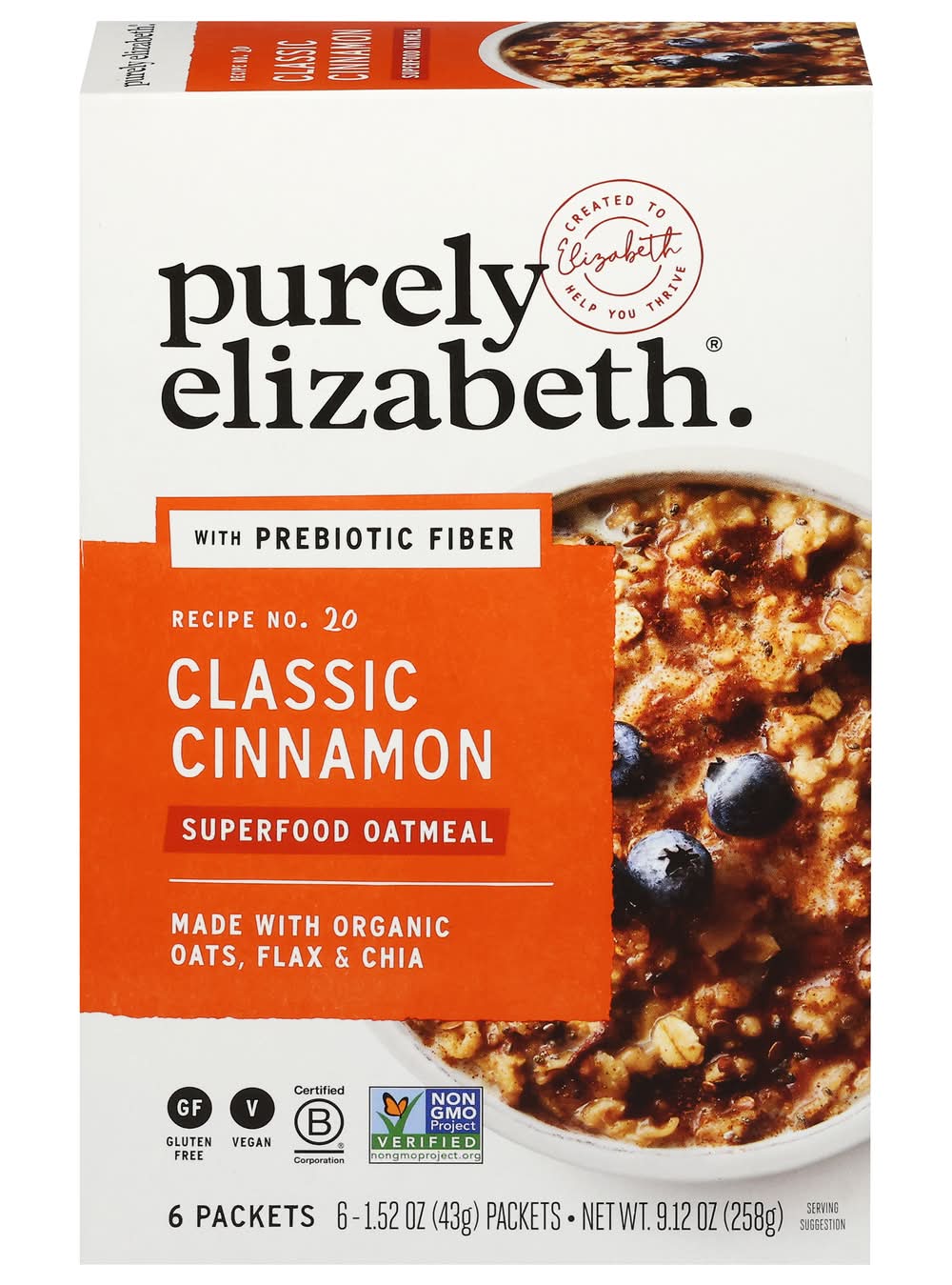 Purely Elizabeth Superfood Oatmeal, Classic Cinnamon (1.52 oz, 6 ct)
