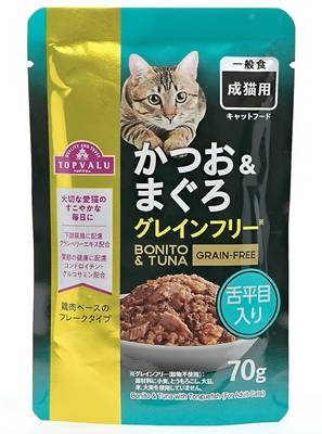 トップバリュ　キャットフード　パウチ　かつお＆まぐろ　グレインフリー　舌平目入り　成猫用　７０ｇ