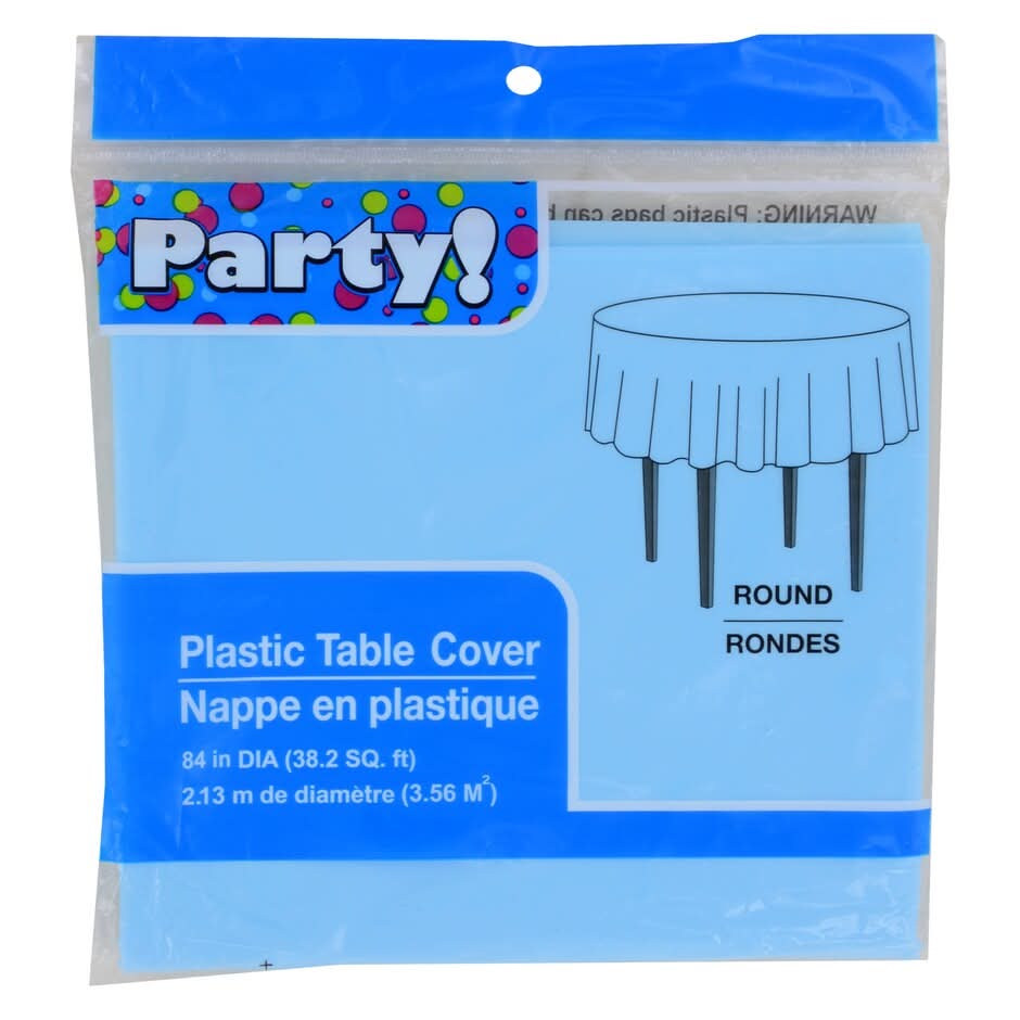 Round Plastic Tablecloth, 84 in, Light Blue