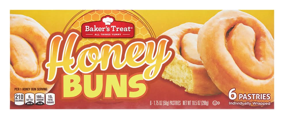 Baker's Treat Glazed Buns Pastries, Honey (10.5 oz, 6 ct)