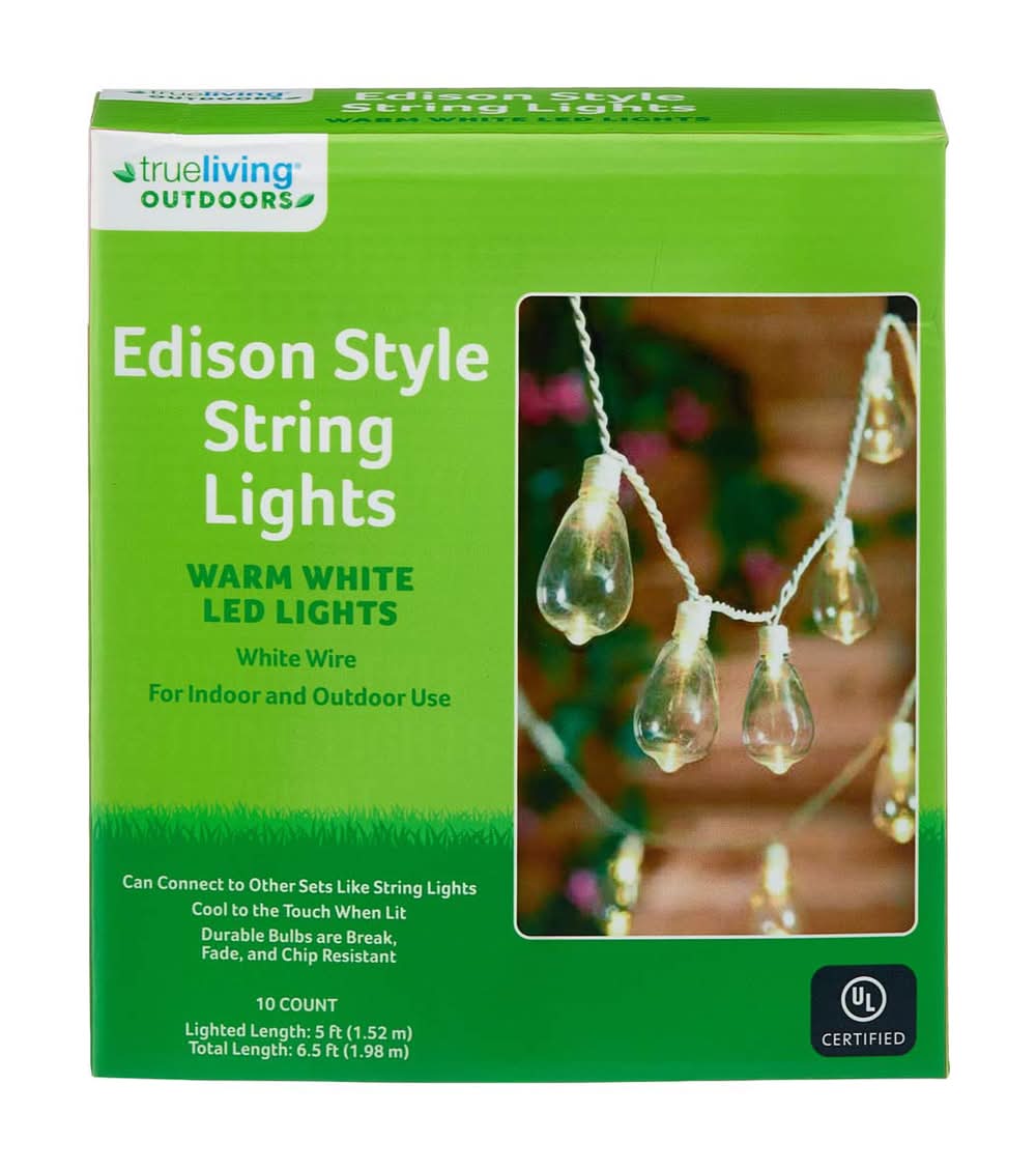 TrueLiving Outdoors Edison Style String Warm Led Lights, 6.5 ft, White (10 ct)