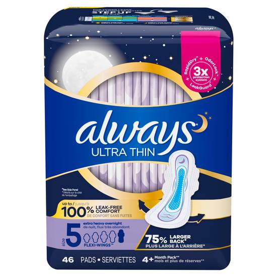 Always Ultra Thin Pads Size 5 Extra Heavy Overnight Absorbency Unscented with Wings, 46 Count