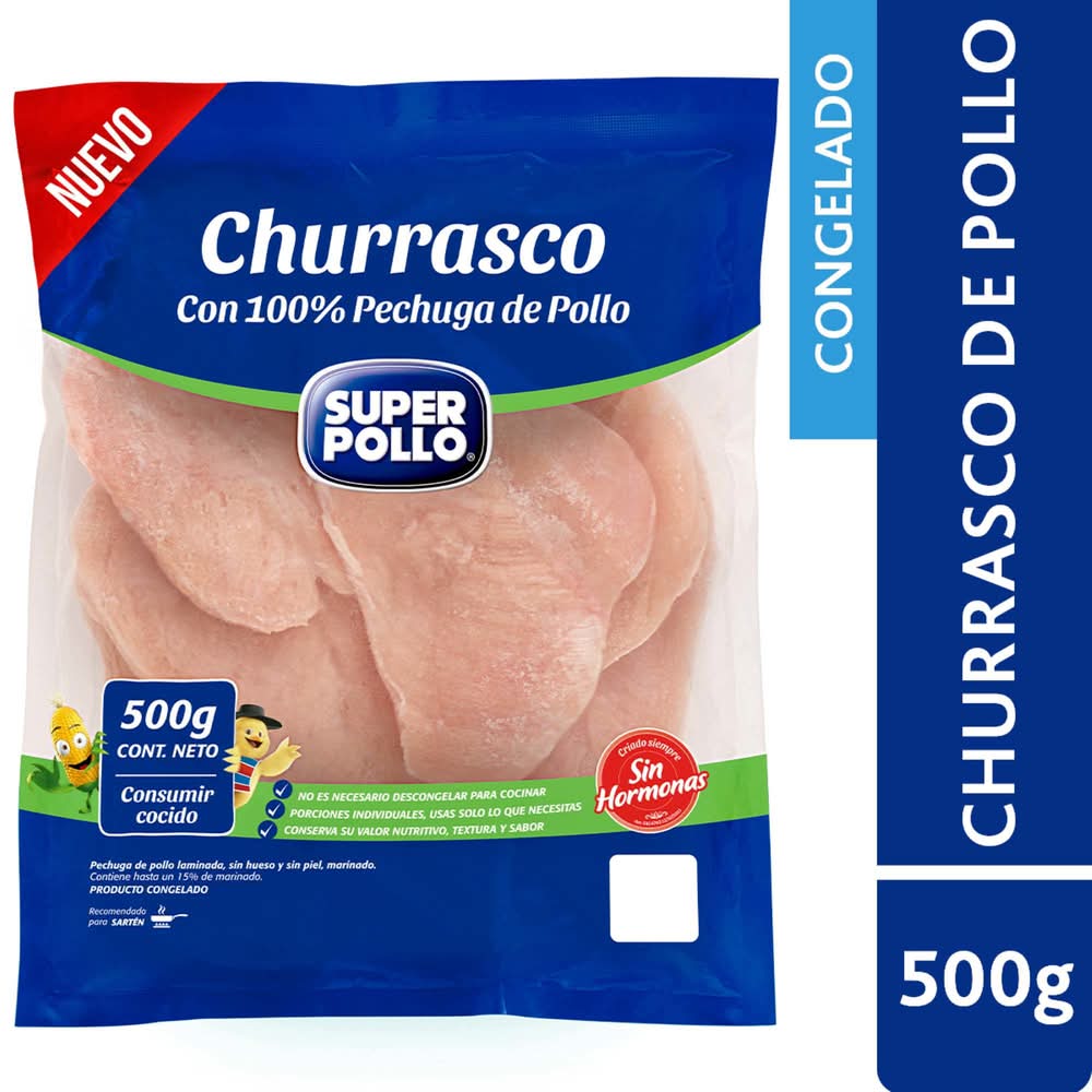 Súper Pollo · Churrasco de pechugas de pollo laminadas congeladas (500 g)