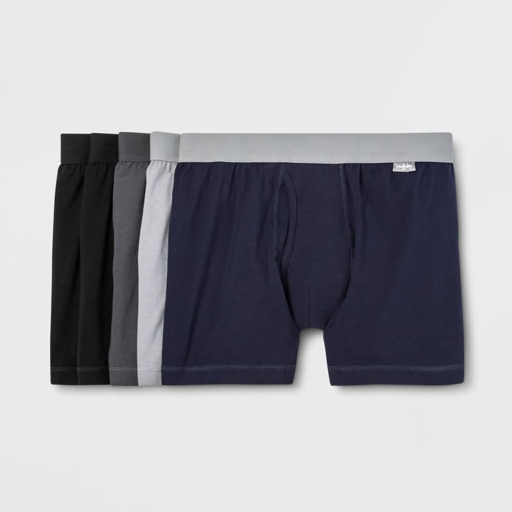 Goodfellow & Co. Men's Cotton-Spandex Mid Rise Full Elastic Waistband Boxer Briefs, XXL, Black-Gray-Navy (5 ct)
