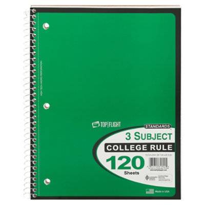 Top Flight Standards 3 Subject College Rule 120 Sheets Notebook