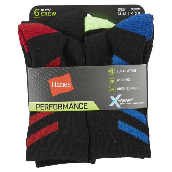 Hanes Boys' X-Temp Crew Socks, Black, 6 Pack, Size Medium