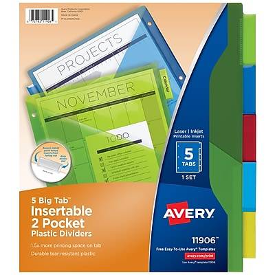 Avery Big Tab Insertable Plastic Dividers with 2 Pockets, 5 Tabs, Multicolor (11906)