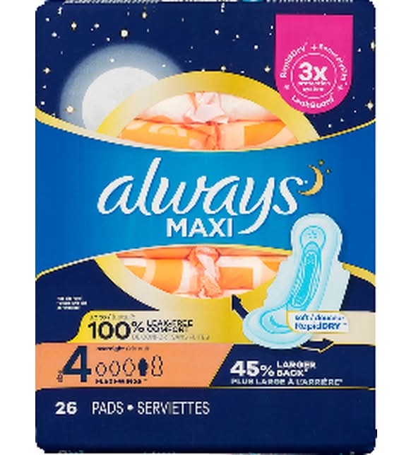 Always Maxi Unscented Overnight Pads With Wings, Women, 4 (26 ct)