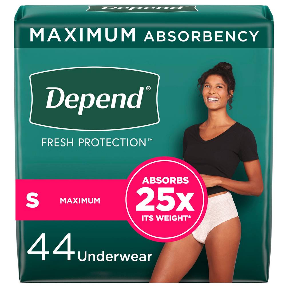 Depend FIT-FLEX Incontinence Underwear for Women, Maximum Absorbency, S, Blush, 44 CT