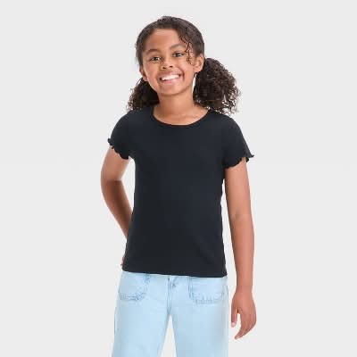 Cat & Jack Girls Short Sleeve Ribbed T-Shirt, S, Black