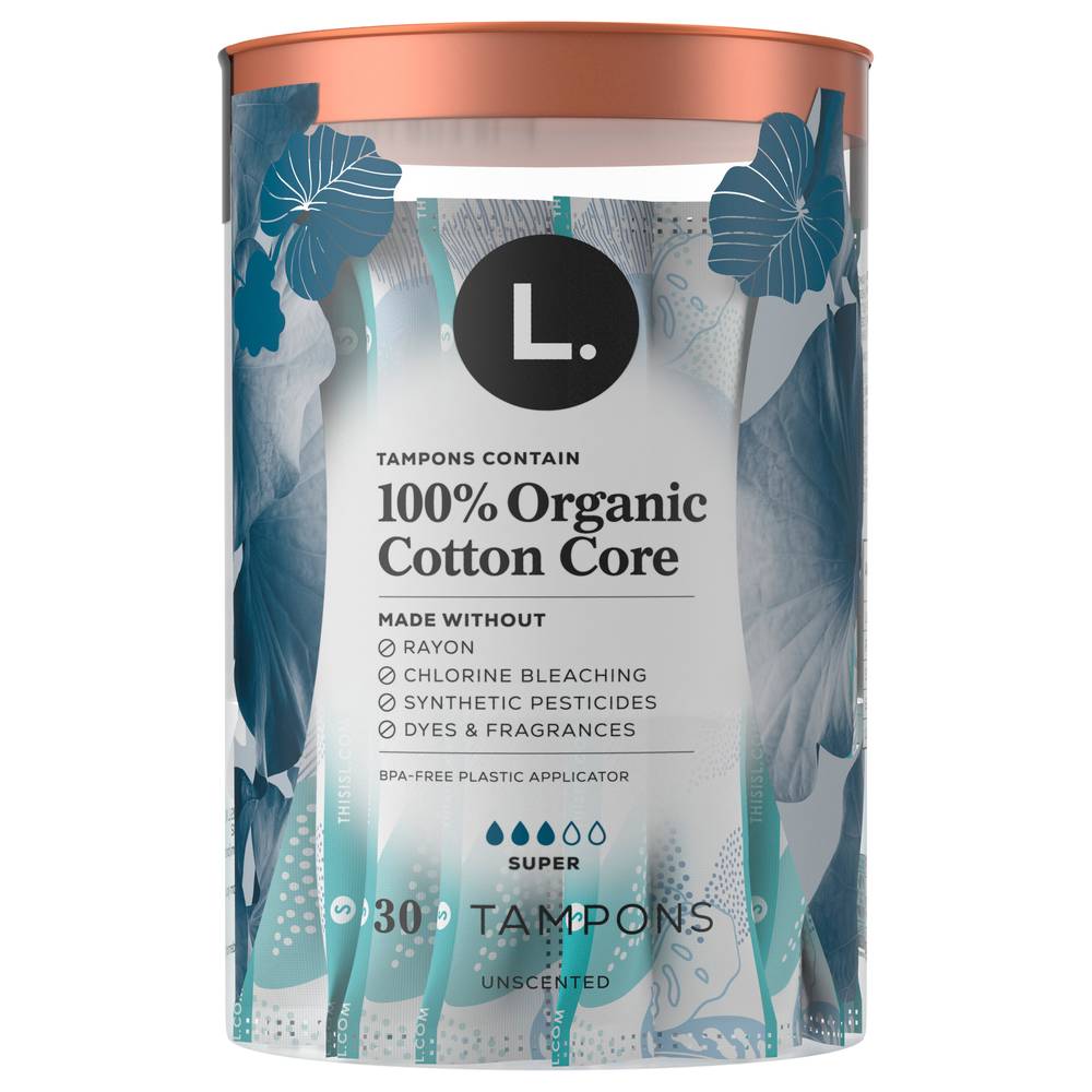 L Unscented Super 100% Organic Cotton Core Tampons (30 ct)