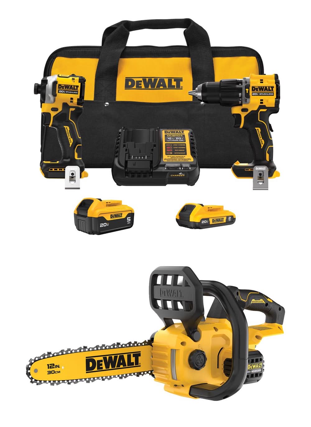 Dewalt 20V Max Hammer Drill/Impact Kit With Dewalt 20V Max Compact 12In Brushless Cordless Chainsaw
