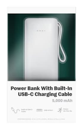 Power Bank With Built-In USB-C Charging Cable 5000mAh White