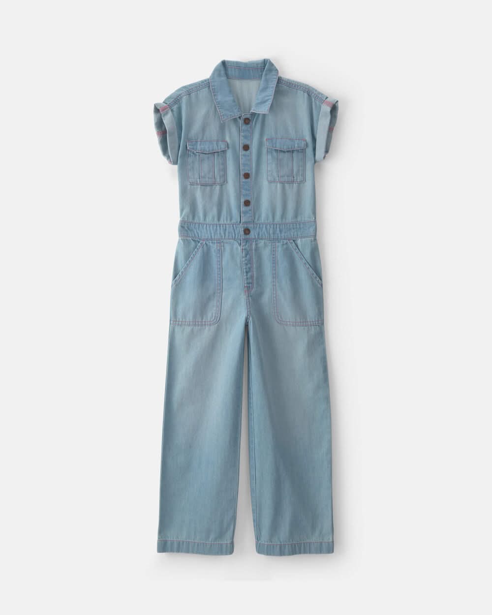 Girls Denim Short-Sleeve Jumpsuit - Light Wash - 8