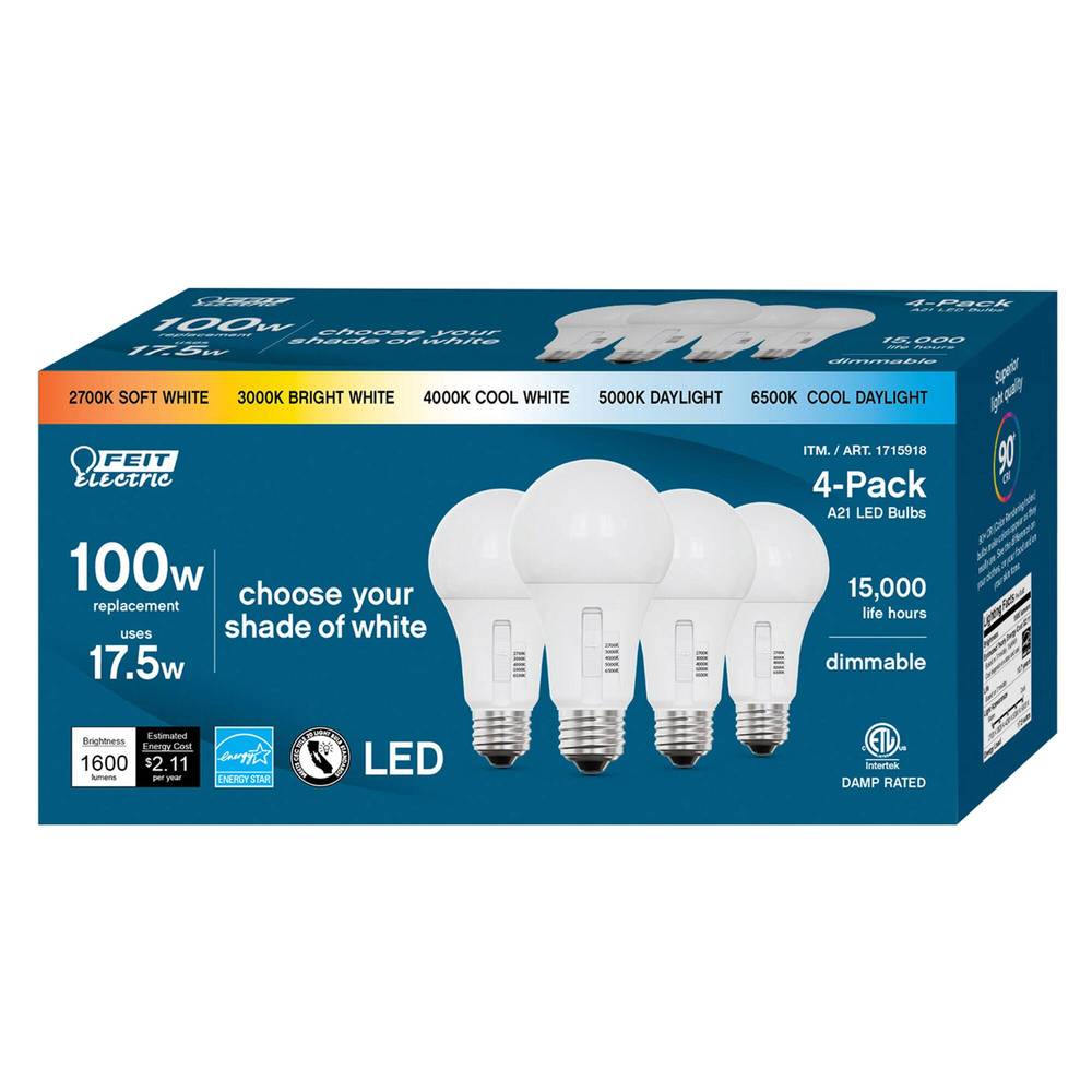 Feit Electric LED 100W Replacement, Dimmable, 4-pack
