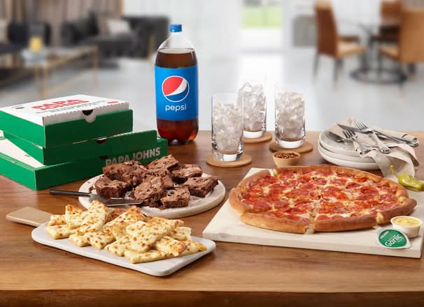 Pepperoni Pizza, Chzstx, Brownie & Drinks