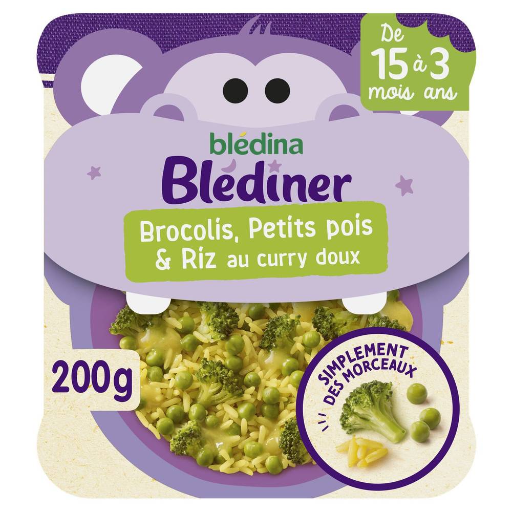 Blédina - Blédîner plat cuisiné bébé brocolis, petits pois et riz au curry doux de 15 mois à 3 ans (200g)