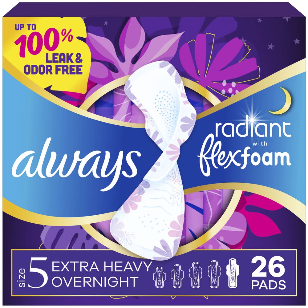 Always Radiant Extra Heavy Overnight Flexi Wings Pads, 5 (8.15 oz, 26 ct)