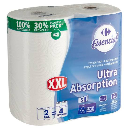 Carrefour Essential Essuie-Tout Ultra Absorption 3-Épaisseurs 2 XXL Rouleaux