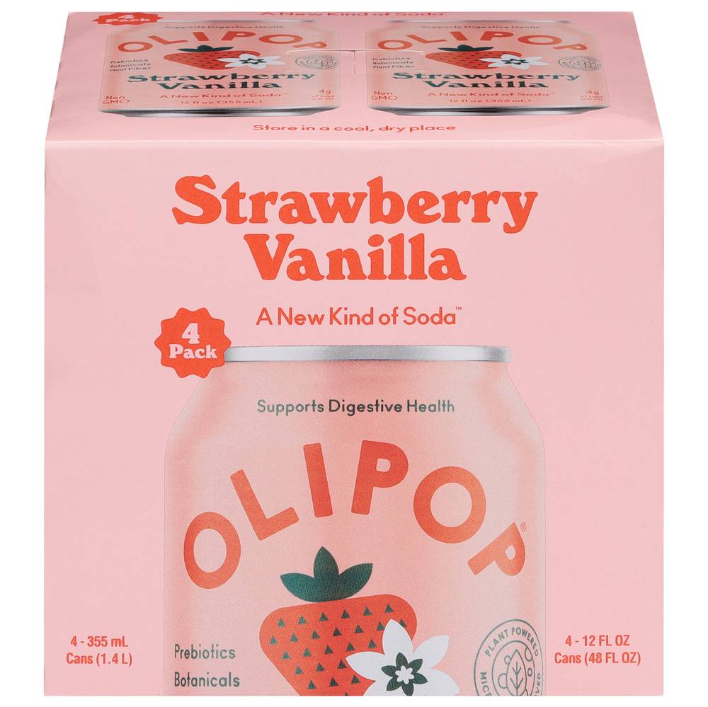 Olipop Strawberry Vanilla Prebiotic Soda (4 x 12 fl oz)