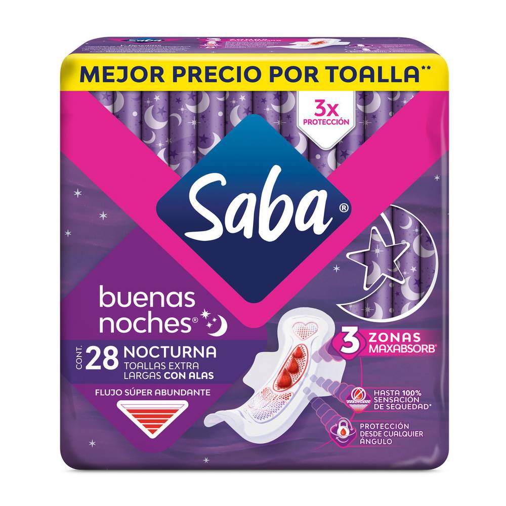 Saba toalla nocturna extra larga con alas (28 un)