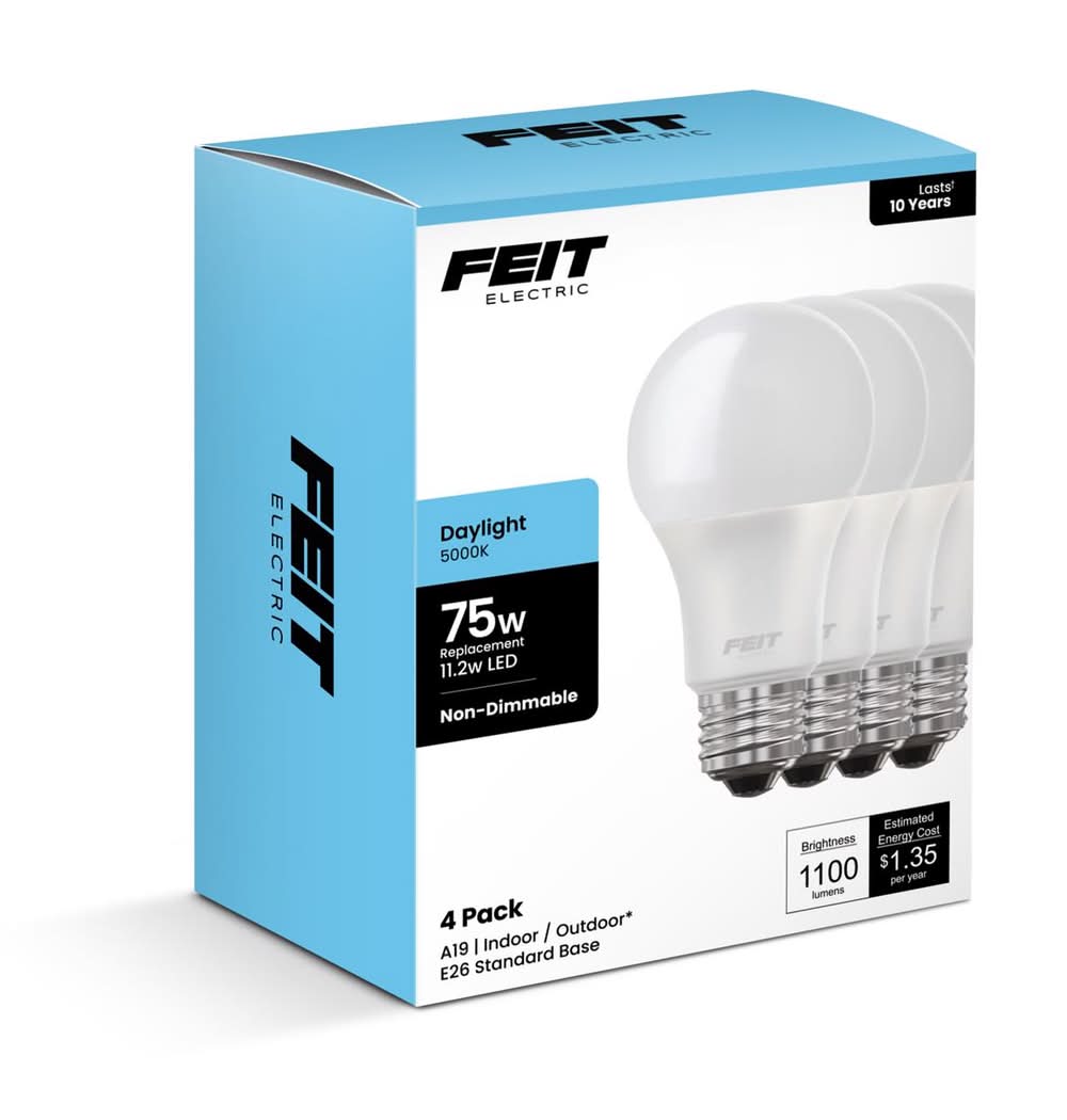 Feit Electric A19 E26 (Medium) Led Bulb Daylight 75 Watt Equivalence 4 Pk