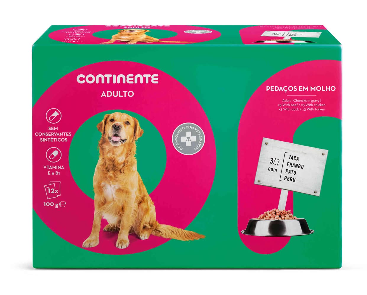 Comida Húmida para Cão Adulto Mistura Carne e Legumes Saquetas Pack Poupança Continente (emb. 12 x 100 gr)