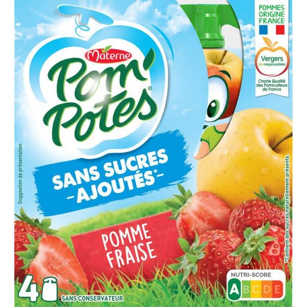 Pom'Potes - Compotes pomme sans sucres ajoutés, fraise (4 x 90g)