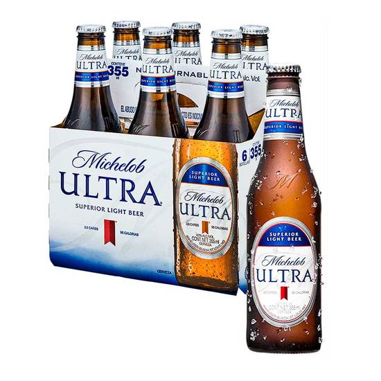 Michelob ultra cerveza clara estilo lager light en botella (6 pack, 355 ml)
