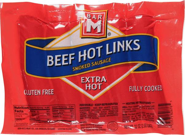 Bar M Extra Hot Beef Hot Links Sausage 32 Oz