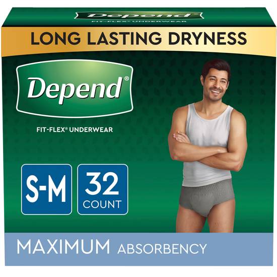 Depend FIT-FLEX Incontinence Underwear for Men Maximum Absorbency, S/M, Grey, 32 CT