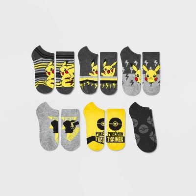 Boys' Pokémon Pikachu 6pk No Show Socks - Gray/Yellow M/L
