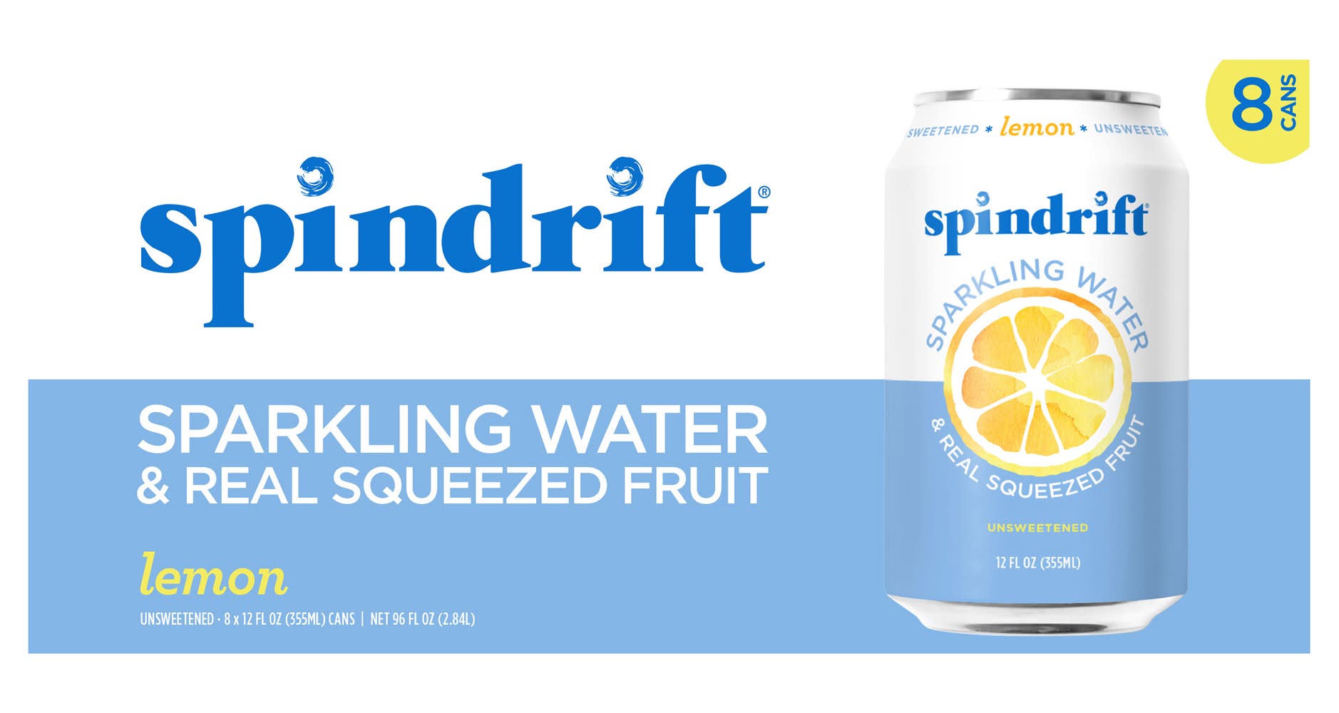 Spindrift Unsweetened Sparkling Water, Lemon (8 x 12 fl oz)