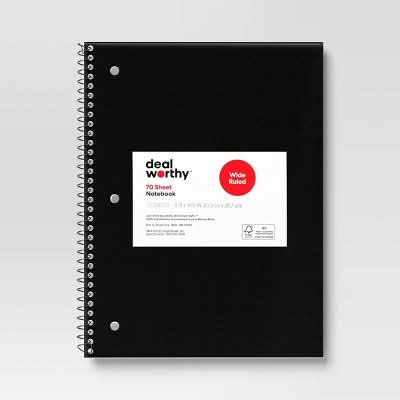 Dealworthy Wide Ruled Spiral Notebook 70 Sheets, 8x10 1/2 in, Black