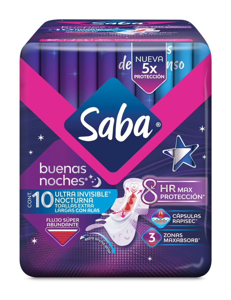 Saba · Buenas noches ultra invisible toallas sanitarias con alas, Extra Largas (10 un)