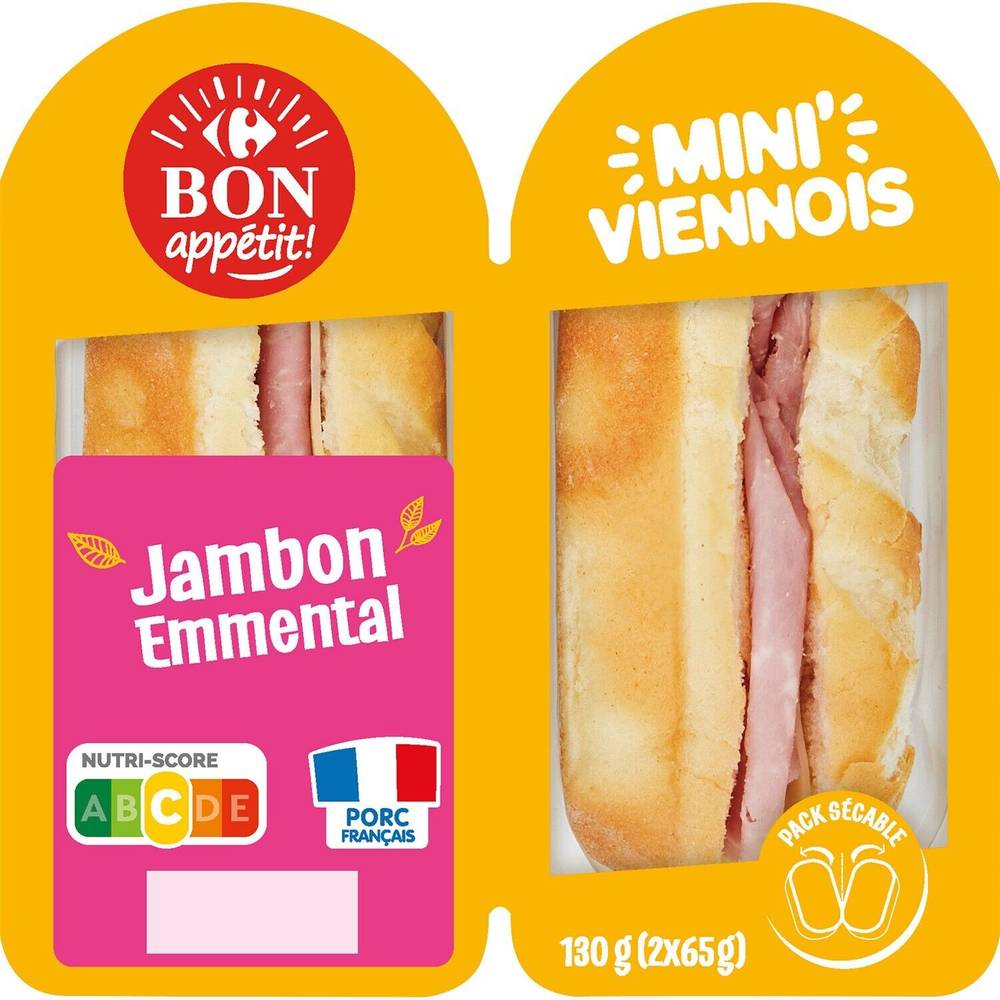 Sandwich mini viennois jambon emmental CARREFOUR BON APPETIT - les 2 sandwich de 65g