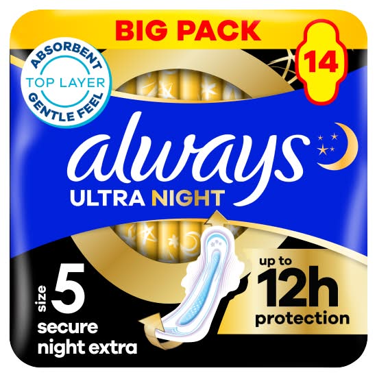 Always 5, Night Extra Plus Ultra Sanitary Towels Secure Wings (14 pack)