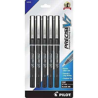 Pilot Precise V7 Liquid Ink Rollerball Pens, Fine Point, 0.7 Mm, Black Barrel, Black Ink, pack Of 5