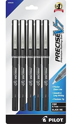 Pilot Precise V7 Liquid Ink Rollerball Pens, Fine Point, 0.7 Mm, Black Barrel, Black Ink, pack Of 5