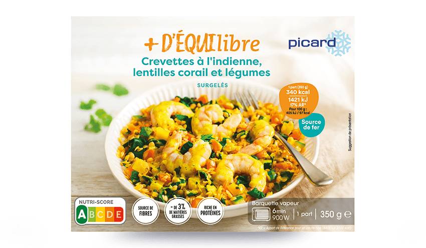 Crevettes à l'indienne, lentilles corail, légumes