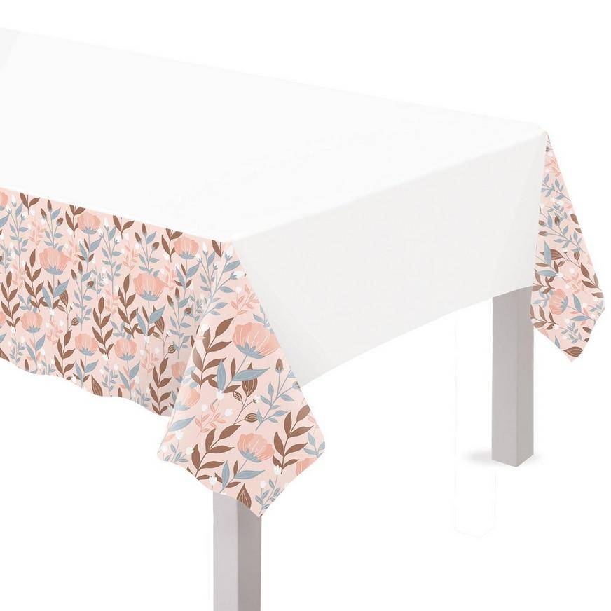 Metallic Rose Gold Floral Plastic Table Cover, 54in x 102in