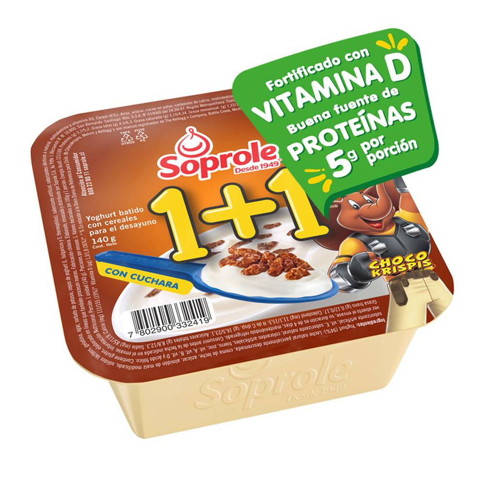Soprole 1+1 yoghurt con cereal choco krispis (pote 140 g)