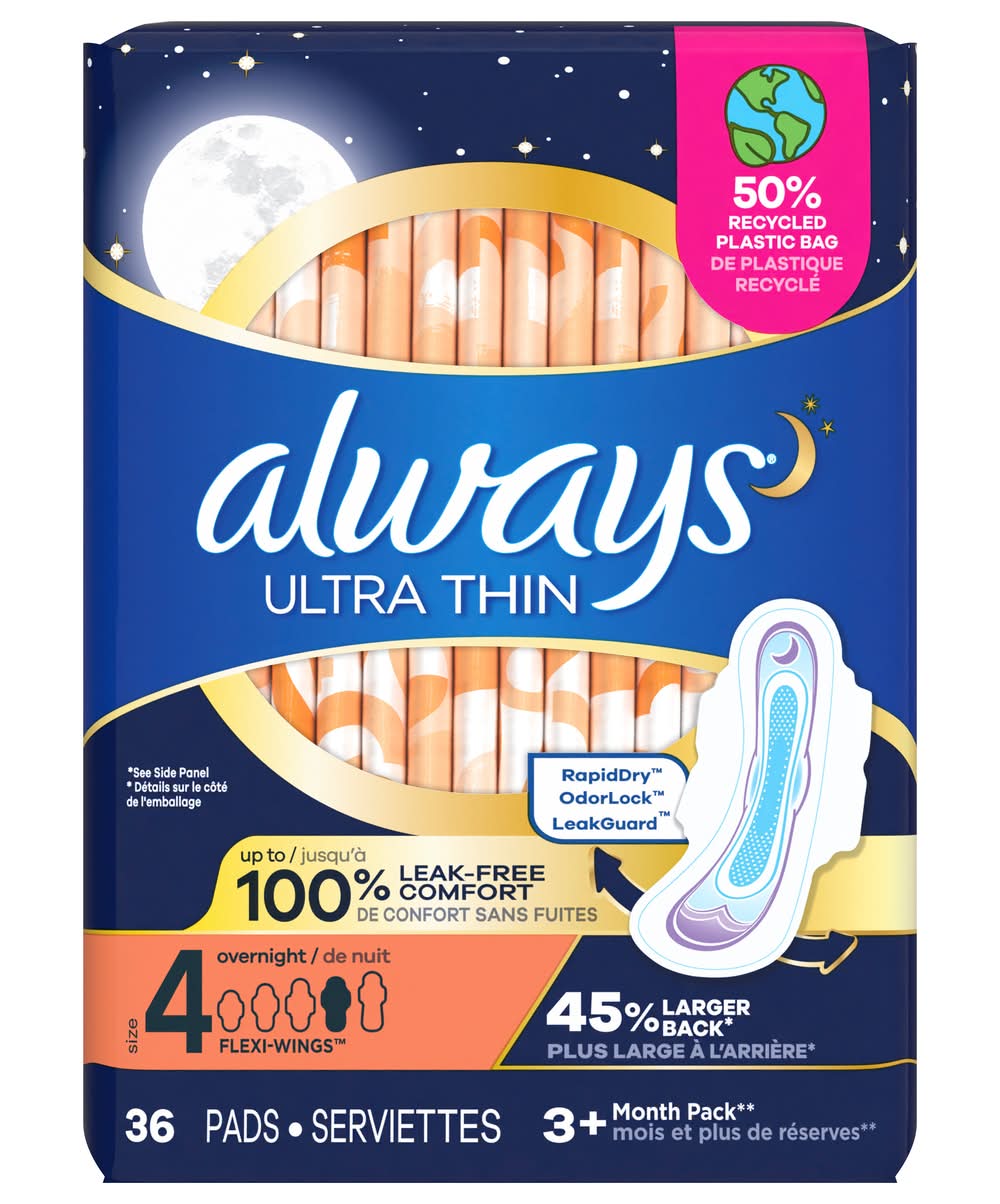 Always Ultra Thin Rapid Dry Overnight Flexi Wings Pads, Women, 4 (36 ct)