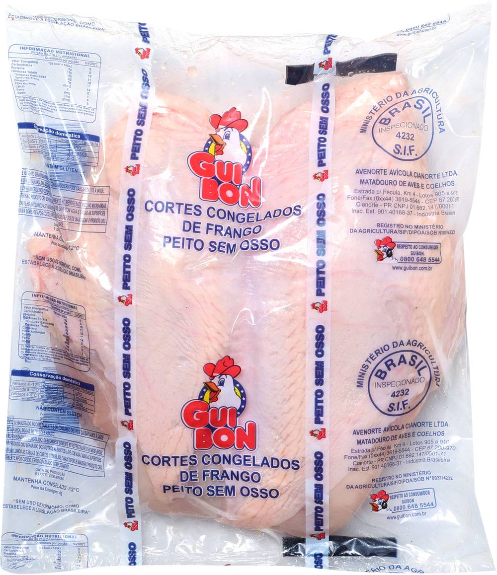 Guibon Peito de frango sem osso e pele congelado (embalagem: 822 g aprox)