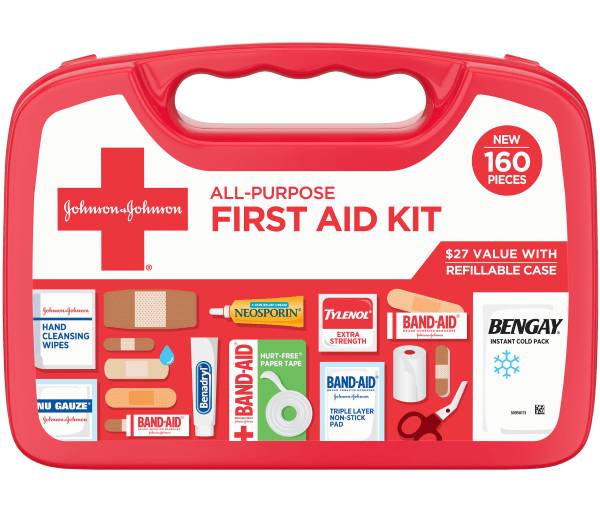 Johnson & Johnson All-Purpose Portable Compact Emergency First Aid Kit, 160 pieces