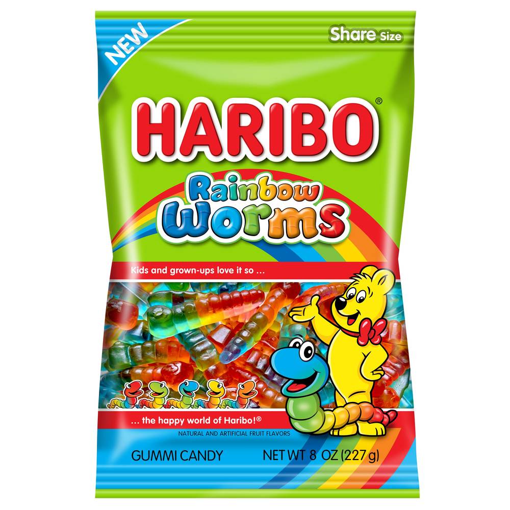 Haribo Rainbow Worms Gummi Candy, Strawberry-Black Currant-Lemon (8 oz)